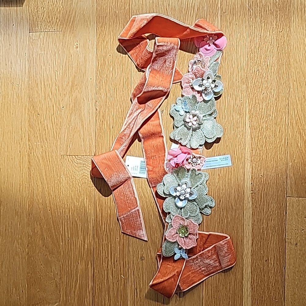 Embellished Floral Velvet Sash Belt in Rust
